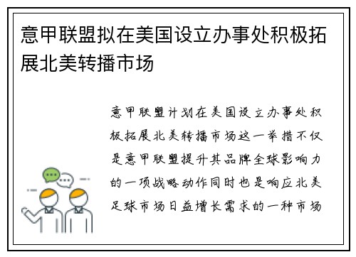 意甲联盟拟在美国设立办事处积极拓展北美转播市场 意甲联盟拟在美国设立办事处积极拓展北美转播市场