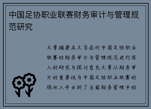 中国足协职业联赛财务审计与管理规范研究